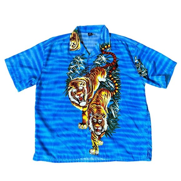Claudio Nucci Mens XXL Blue Tiger Print Short Sleeve Button Up Shirt - Picture 1 of 10